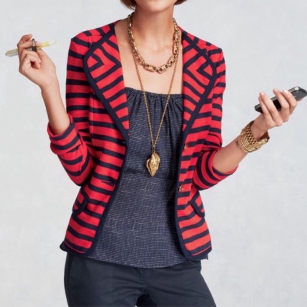 CAbi-M-Red & Blue Nautical Striped-preppy, nautical, long sleeve, cotton, Blazer - Picture 3 of 16